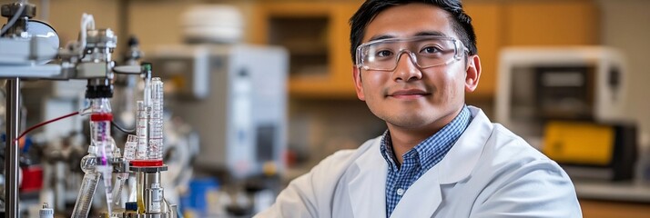Poster - Portrait of a smiling scientist in a lab coat, working with scientific equipment.