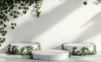 Aufkleber - Three white stone podiums with green ivy plants against a white wall with sunlight.