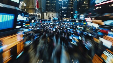 Fototapete - Fast-paced, bustling New York City stock exchange trading floor with numerous traders and screens displaying financial data.