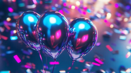 Poster - Three iridescent balloons float amidst colorful confetti against a dark background.