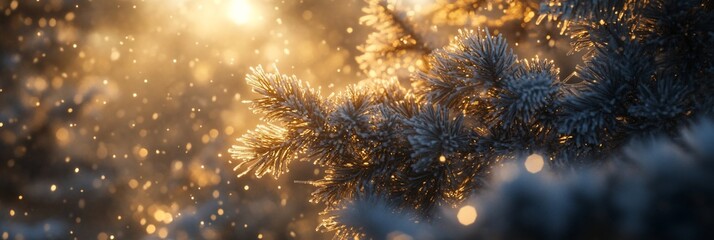 Poster - Frosty pine branch in soft sunlight, snow bokeh background.