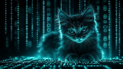 Aufkleber - A cute kitten sits amidst a flowing stream of binary code, creating a surreal and captivating image.