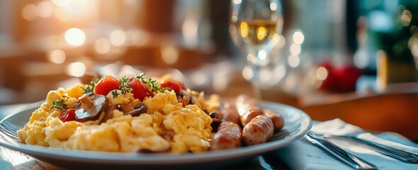 Poster - Delicious scrambled eggs with mushrooms, tomatoes, and sausages on a plate.