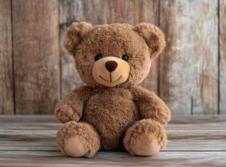 Wall Mural - Cute brown teddy bear toy on a wooden background, front view. Plush stuffed animal for children or as a baby gift with copy space. Stock photo, a photorealistic picture