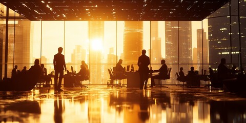 Fototapete - Silhouetted businesspeople in a modern office at sunset overlooking a cityscape.