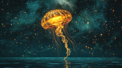 Wall Mural - glowing jellyfish in starry night ocean.