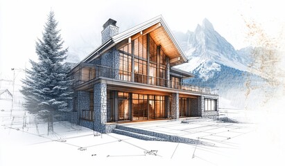 Poster - Architectural rendering of a luxury chalet in snowy mountains.