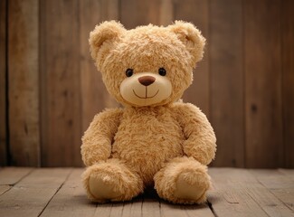 Wall Mural - Cute teddy bear toy on a wooden background, front view, with copy space, studio shot, high-resolution photography. 