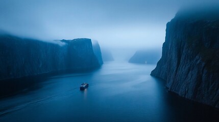 Poster - Serene twilight scene of a ship navigating a misty fjord between towering cliffs.