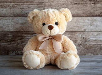 Wall Mural - Cute teddy bear toy on a wooden background, front view, with copy space, studio shot, high-resolution photography.