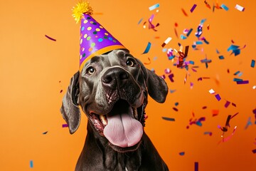 Poster - Happy dog wearing a party hat amidst colorful confetti against an orange background.