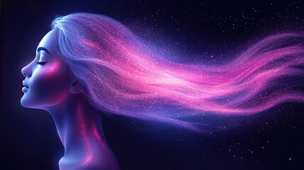 Wall Mural - Ethereal woman with flowing cosmic hair and glowing skin