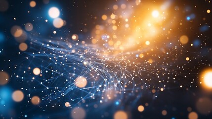 Poster - Abstract glowing network background with blue and gold particles.