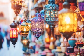 Aufkleber - Colorful hanging lanterns illuminated at a market.