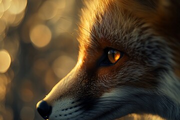 Aufkleber - Close-up profile of a red fox at sunset, golden light illuminating its fur and eyes.