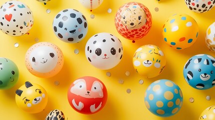 Poster - Colorful animal-themed balloons on yellow background.