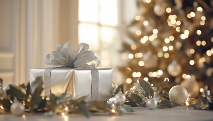 Poster - Silver gift box with bow sits on table, decorated with garland and ornaments, in front of a Christmas tree with warm lights.