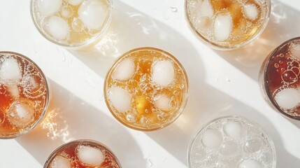Poster - Overhead view of several glasses of iced tea with varying shades of color and ice cubes.