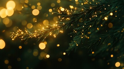 Poster - Glowing lights adorn a pine branch at night, creating a warm, festive atmosphere.