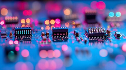 Aufkleber - Close-up of electronic circuit board with integrated circuits and colorful bokeh background.