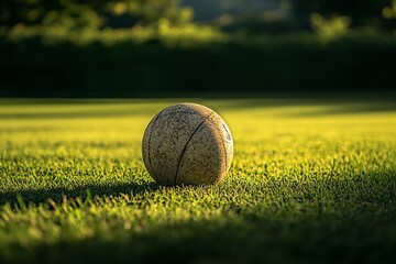 Wall Mural - Worn vintage ball rests on sunlit green grass.