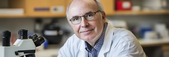 Poster - Portrait of a smiling scientist in a lab coat, near a microscope.