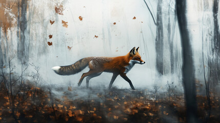 Wall Mural - A red fox trotting through a misty forest, with its body blending into swirling patterns of mist and leaves, symbolizing curiosity and the spirit of exploration. 