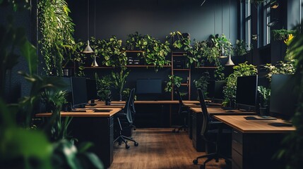 Aufkleber - Modern office interior with abundant lush green plants, wooden desks, and black accents.