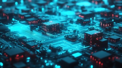 Aufkleber - Abstract digital circuit board with glowing neon blue and red lines.
