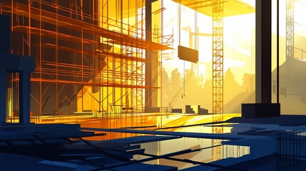 Aufkleber - Sunrise at a construction site, showing scaffolding, cranes, and building framework.