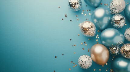Poster - Blue and gold balloons with confetti on a teal background, leaving copy space.