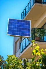 Bright blue polycrystalline panel with a solar tracker installed on the balcony of an apartment building in Los Angeles, USA