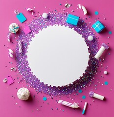 Poster - Festive purple glitter circle frame with cupcakes, gifts, and confetti on pink background.