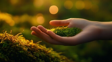 Sticker - Hand holding vibrant green moss against a sunlit forest background.