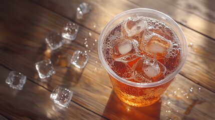 Poster - Iced beverage in plastic cup with ice cubes on wooden table.