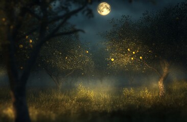 Aufkleber - Mystical moonlit orchard at night with glowing fruit on trees and fog.