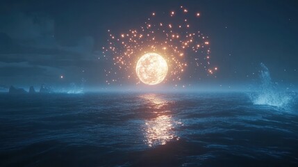 Wall Mural - magical full moon over dark ocean with glowing particles.