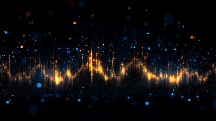 Wall Mural - Golden Sparkles on Black Background: A dazzling abstract display of golden sparkles and blue glitter, evoking a sense of magic and wonder. Perfect for backgrounds, overlays.