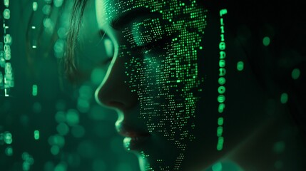Fototapete - Woman's face overlaid with green digital code, futuristic concept.