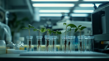 Aufkleber - Young plants growing in test tubes in a laboratory setting.