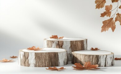 Poster - Three rustic wooden podiums with autumn leaves on a white background.