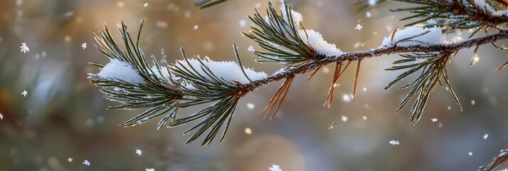 Leinwandbilder - Snow-covered pine branch with falling snowflakes.