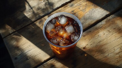 Poster - Iced coffee in plastic cup on wooden table in sunlight.