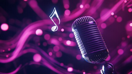 Poster - Retro microphone with musical note on vibrant pink background.