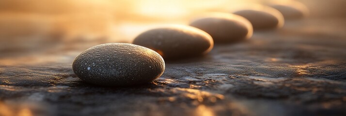 Poster - Four smooth, grey stones arranged in a row on dark ground at sunset.