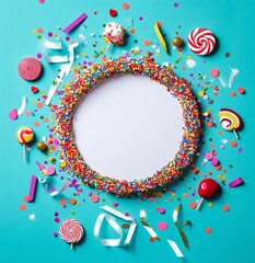Poster - Colorful candy sprinkles frame with lollipops, confetti, and ribbon on a blue background.