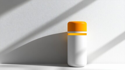 Poster - White cylindrical container with an orange lid and a thin white stripe in bright light.
