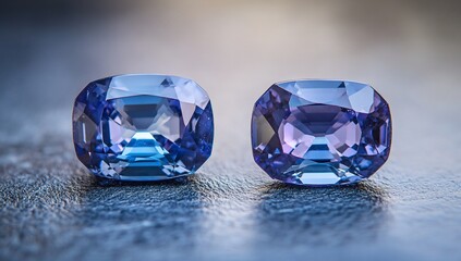 Aufkleber - Two vibrant, faceted tanzanite gemstones, one displaying a deeper blue hue than the other, rest on a dark, reflective surface.