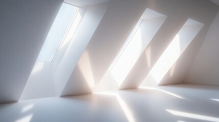 Fototapete - Sunlit attic room with three dormer windows, casting light beams on the floor.