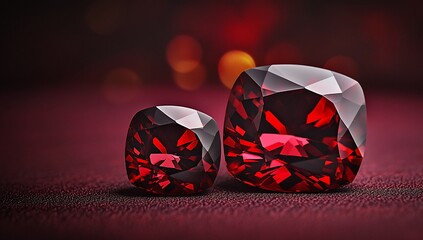 Aufkleber - Two red cushion-cut gemstones on a dark red background with bokeh.